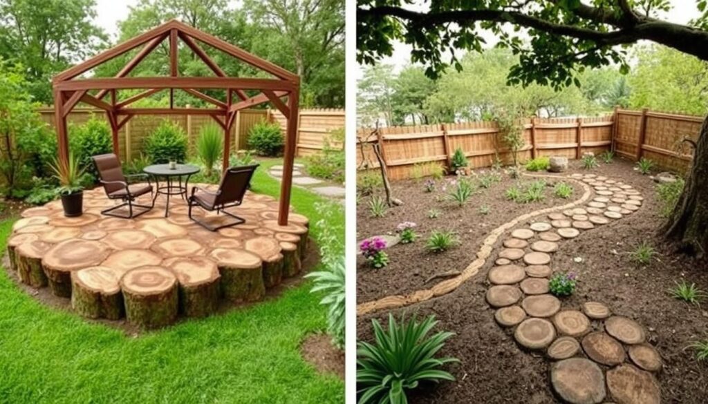 Kreatywne zastosowania plastrów drewna w ogrodzie - taras i podłoga