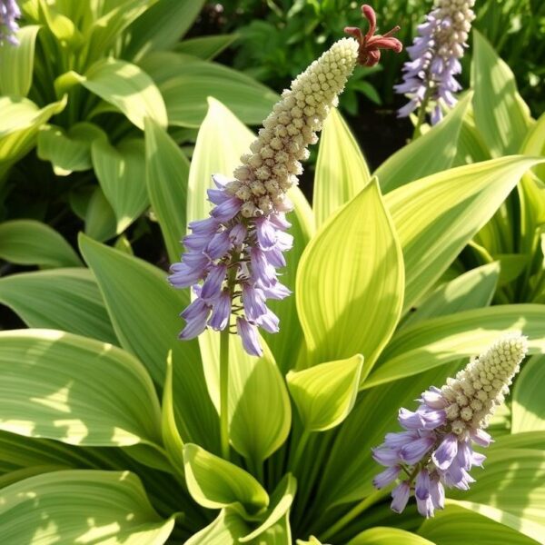 Kwitnąca funkia na słonecznym stanowisku w ogrodzie