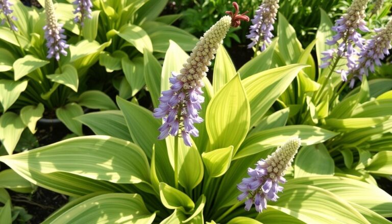 Kwitnąca funkia na słonecznym stanowisku w ogrodzie