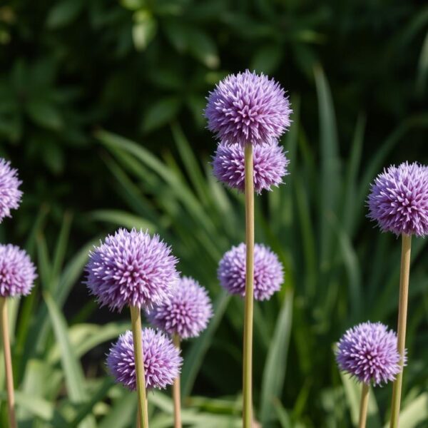 Kwitnący czosnek ozdobny (Allium) w ogrodzie, pokazujący czy czosnek ozdobny jest jadalny