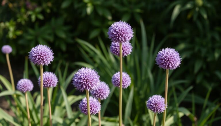 Kwitnący czosnek ozdobny (Allium) w ogrodzie, pokazujący czy czosnek ozdobny jest jadalny