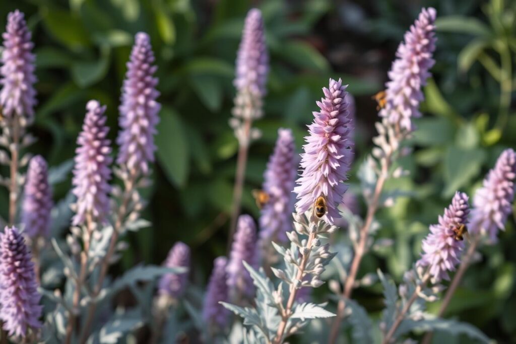 Kwitnący czyściec wełnisty z charakterystycznymi fioletowymi kwiatostanami