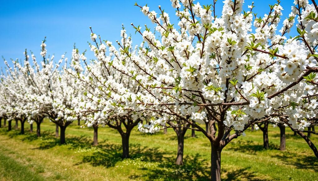 Kwitnący sad czereśniowy wiosną - efekt prawidłowego sadzenia drzewek owocowych