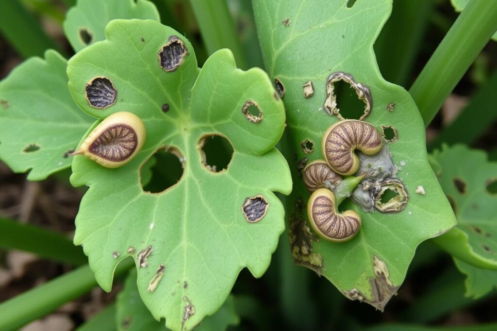 Liście czosnku ozdobnego uszkodzone przez ślimaki - typowy problem w uprawie