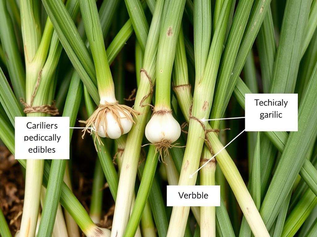 Łodygi i liście czosnku ozdobnego z informacją o jadalności Łodygi i liście czosnku ozdobnego z informacją o jadalności
