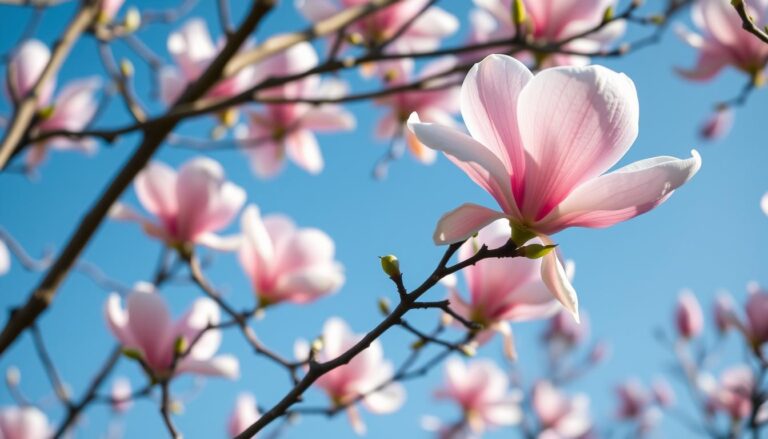 Magnolia kwitnąca w kwietniu z dużymi, różowymi kwiatami