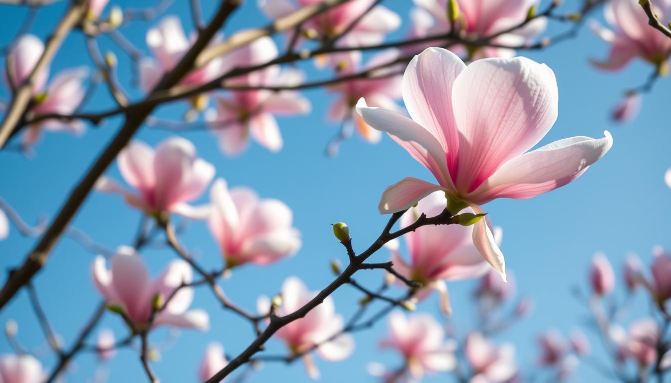 Magnolia kwitnąca w kwietniu z dużymi, różowymi kwiatami