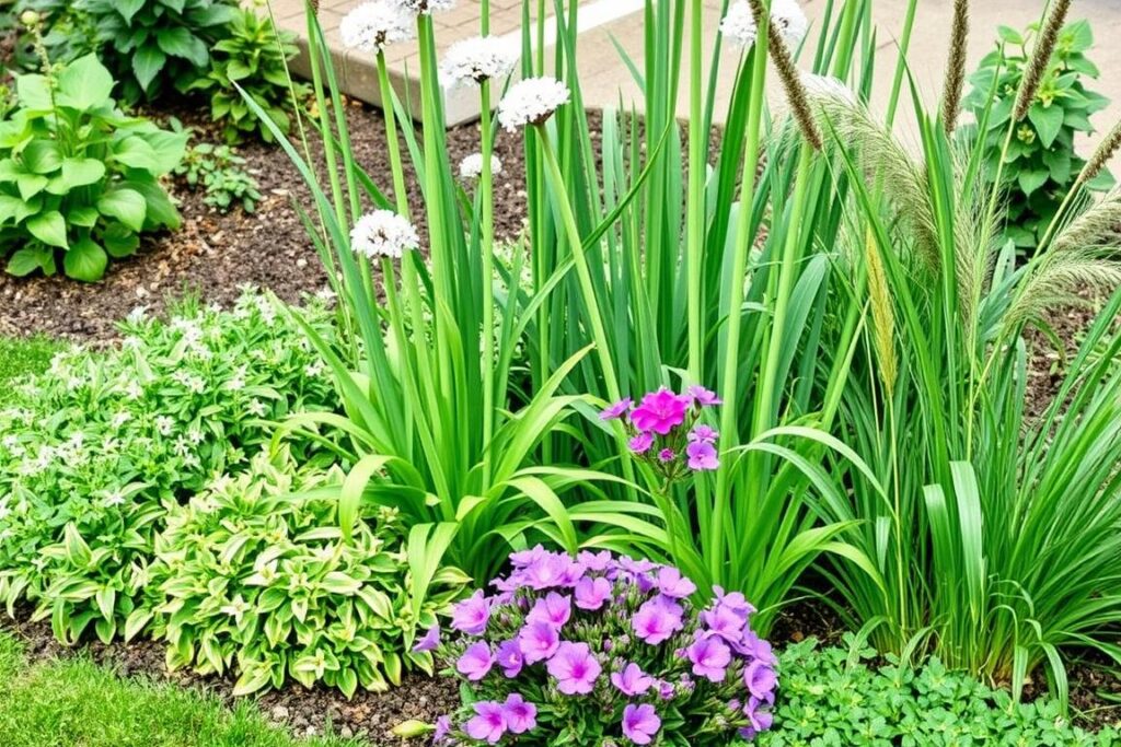 Maskowanie zasychających liści czosnku ozdobnego innymi roślinami Maskowanie zasychających liści czosnku ozdobnego innymi roślinami