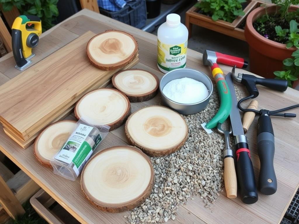 Materiały i narzędzia do wykonania ścieżki z plastrów drewna