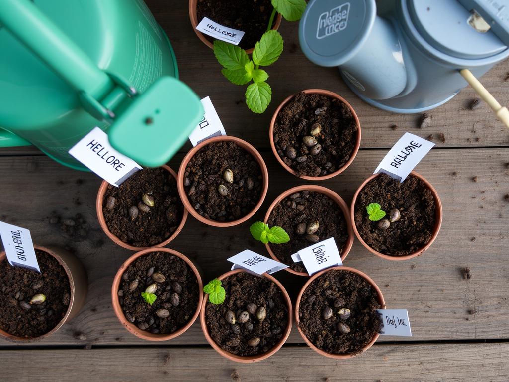 Nasiona ciemiernika przygotowane do wysiewu w małych doniczkach Nasiona ciemiernika przygotowane do wysiewu w małych doniczkach