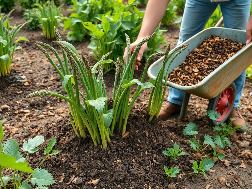 Nawożenie szparagów - aplikacja kompostu wokół roślin Nawożenie szparagów - aplikacja kompostu wokół roślin