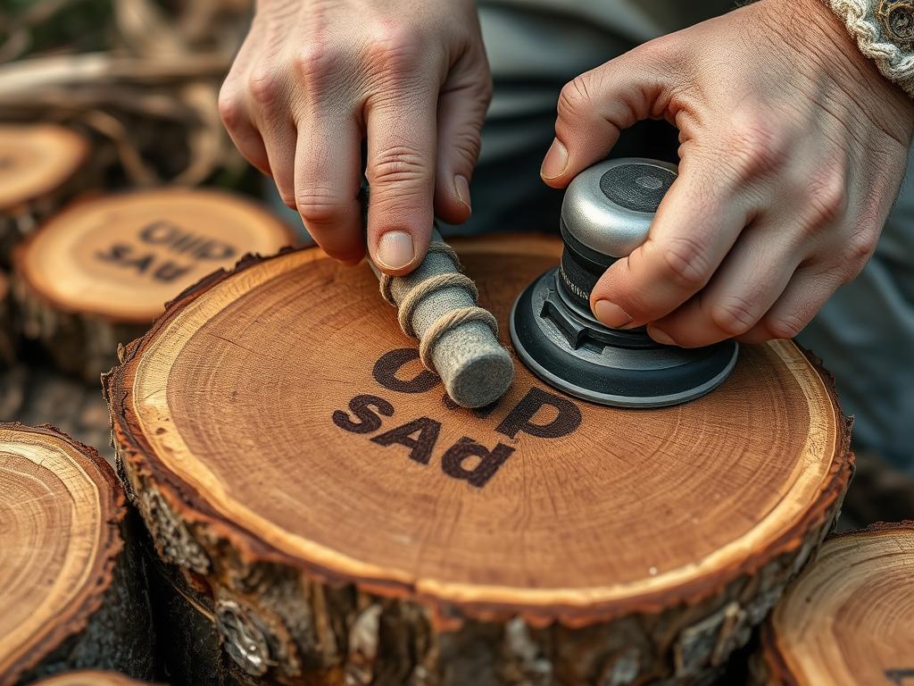 Okorowywanie i szlifowanie plastrów drewna na ścieżkę ogrodową