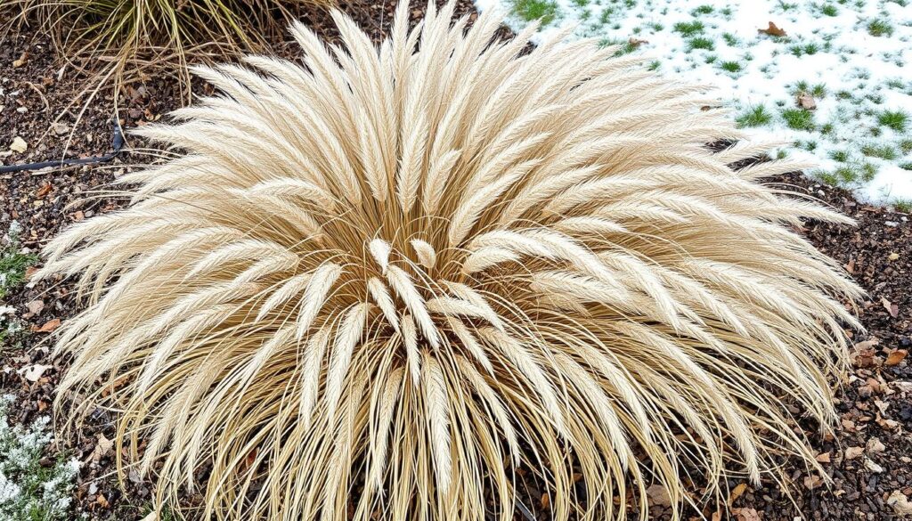 Ostnica cieniutka zimowanie - zabezpieczona kępa ostnicy na zimę w ogrodzie Ostnica cieniutka zimowanie - zabezpieczona kępa ostnicy na zimę w ogrodzie