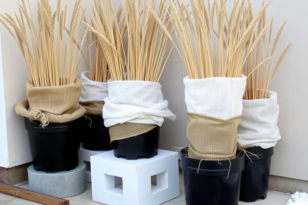 Ostnica w donicy zabezpieczona na zimę - donice owinięte jutą i podniesione nad podłoże Ostnica w donicy zabezpieczona na zimę - donice owinięte jutą i podniesione nad podłoże