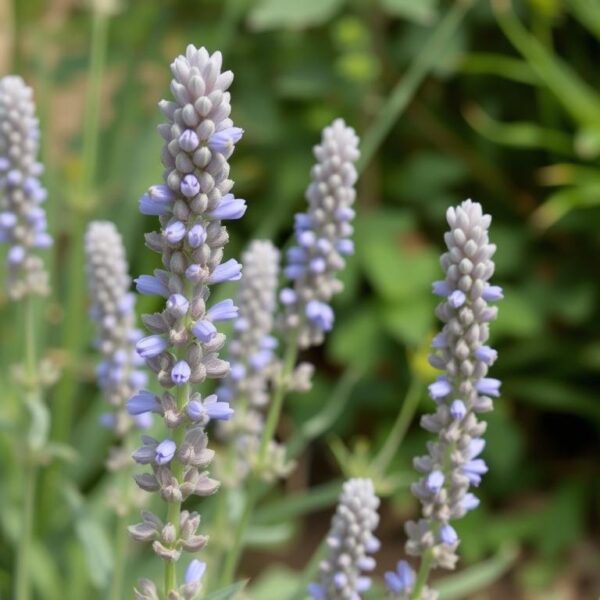 Perowskia russian sage w pełnym kwitnieniu pokazująca charakterystyczne fioletowo-niebieskie kwiatostany i srebrzysto-zielone liście