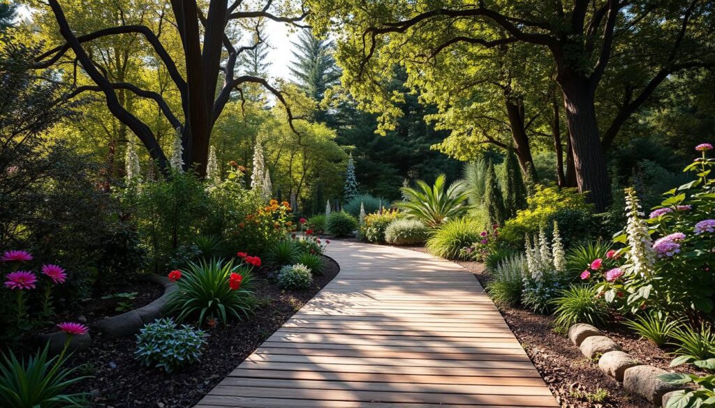 Piękna ścieżka z drewna harmonijnie wkomponowana w bujny ogród Piękna ścieżka z drewna harmonijnie wkomponowana w bujny ogród