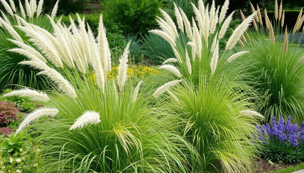 Piękny ogród z różnorodnymi trawami ozdobnymi po prawidłowym przycięciu Piękny ogród z różnorodnymi trawami ozdobnymi po prawidłowym przycięciu