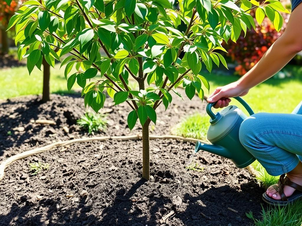 Pielęgnacja młodego drzewka czereśni - podlewanie i ściółkowanie - sadzenie drzewek owocowych