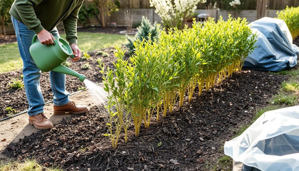 Pielęgnacja świeżo posadzonych sadzonek zdrewniałych - podlewanie i ściółkowanie