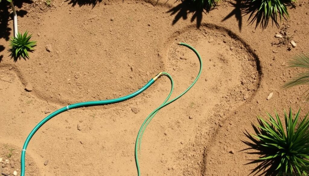 Planowanie przebiegu suchej rzeki w ogrodzie za pomocą węża ogrodowego