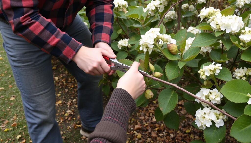 Pobieranie sadzonek zdrewniałych jesienią z krzewu hortensji bukietowej