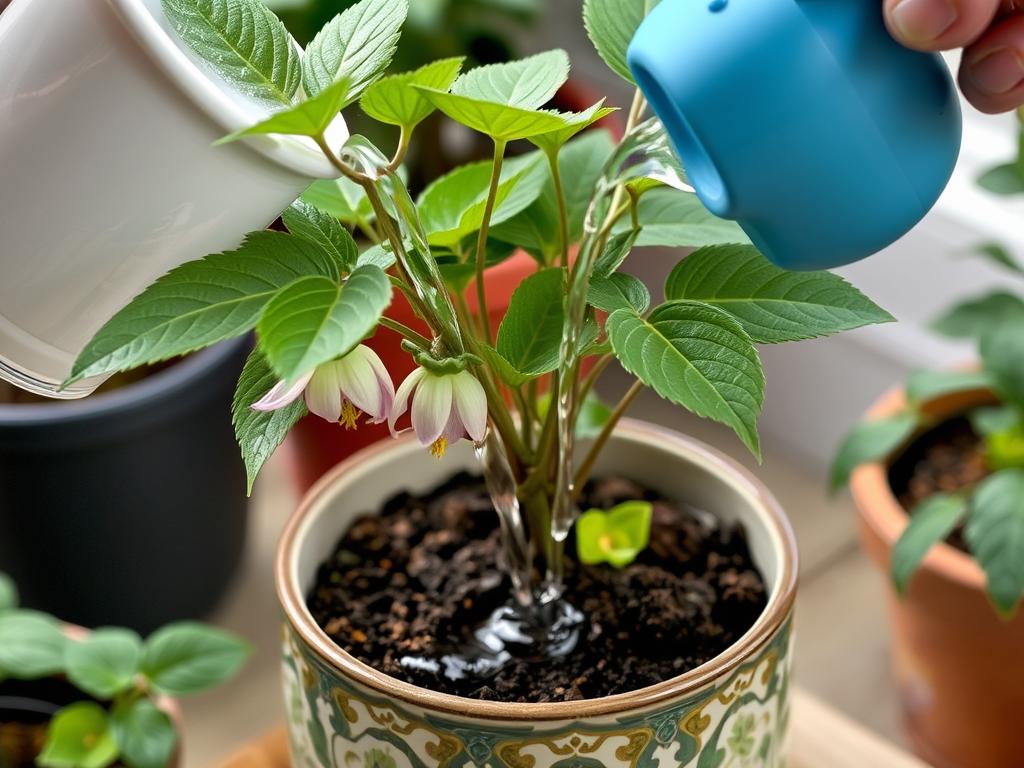 Podlewanie ciemiernika w doniczce z widocznym strumieniem wody Podlewanie ciemiernika w doniczce z widocznym strumieniem wody