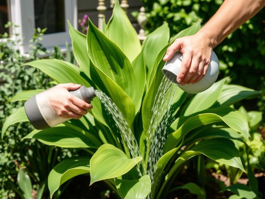 Podlewanie funkii na słonecznym stanowisku