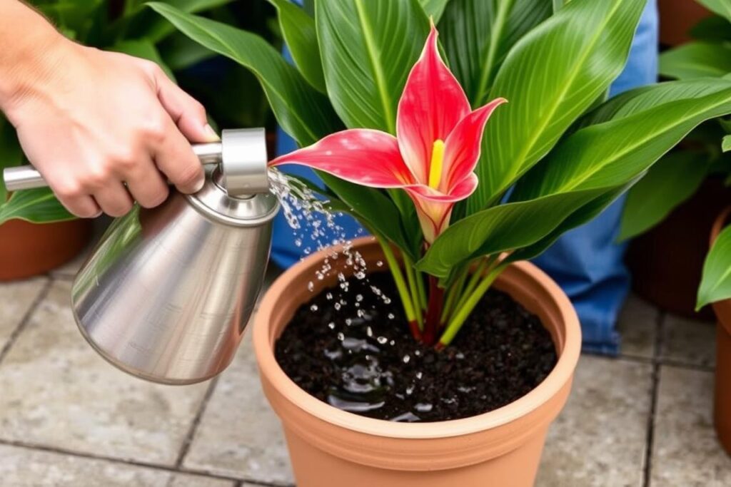 Podlewanie kanny w donicy - prawidłowa technika nawadniania paciorecznika