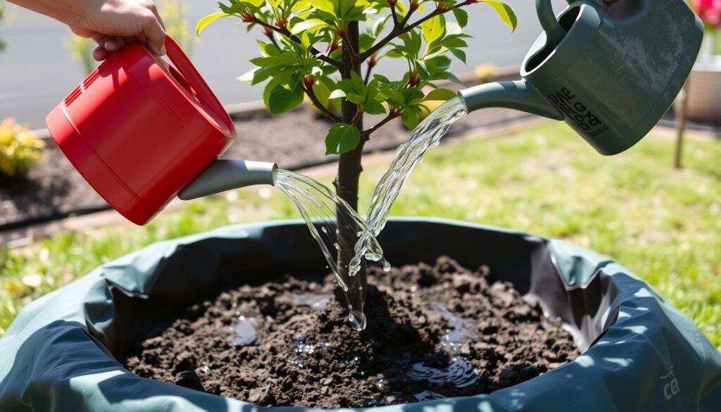 Podlewanie świeżo posadzonego drzewka czereśni z widoczną misą wokół pnia - sadzenie drzewek owocowych