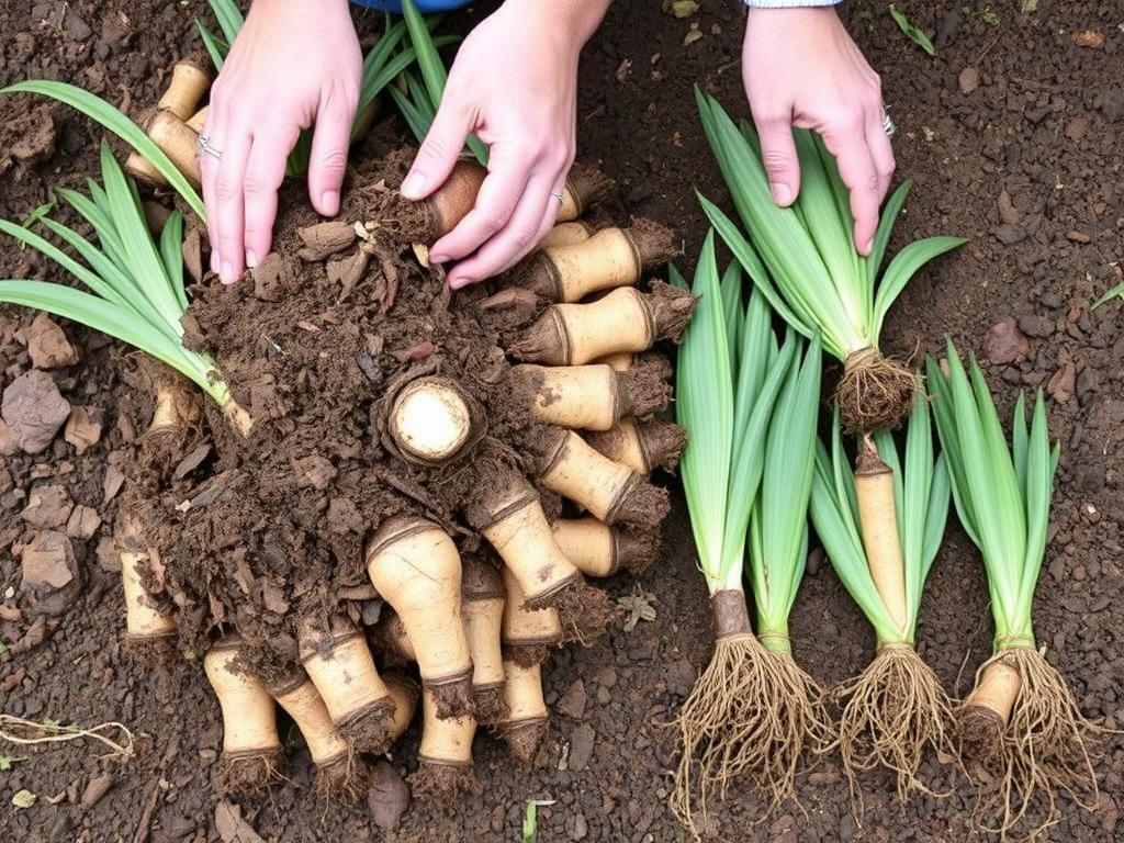 Podział kępy irysa syberyjskiego pokazujący proces rozmnażania rośliny