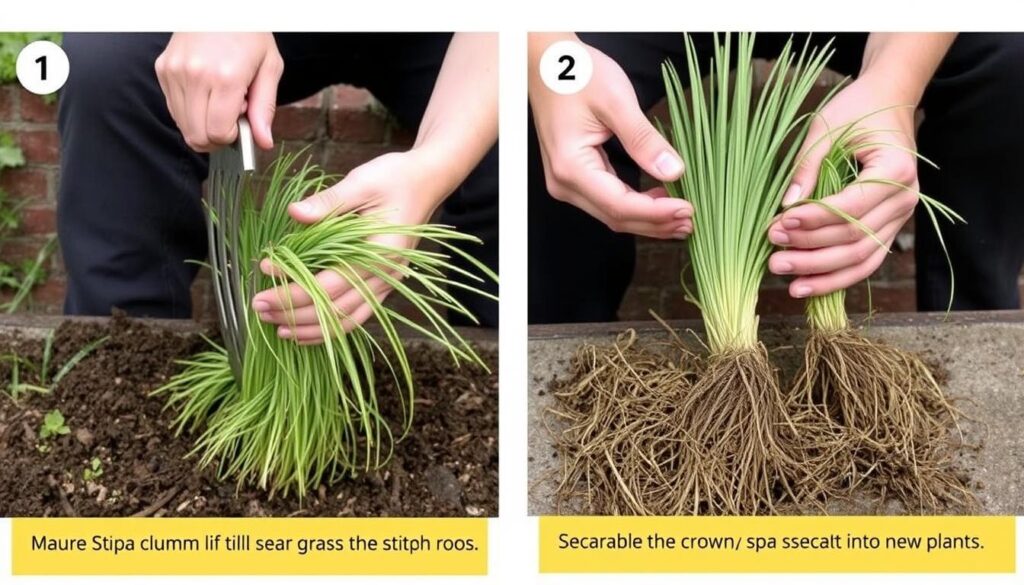 Podział kępy ostnicy - proces rozdzielania dużej kępy na mniejsze części Podział kępy ostnicy - proces rozdzielania dużej kępy na mniejsze części