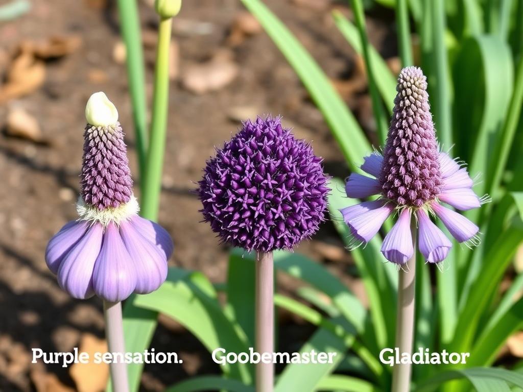 Porównanie różnych fioletowych odmian czosnku ozdobnego: Purple Sensation, Globemaster i Gladiator