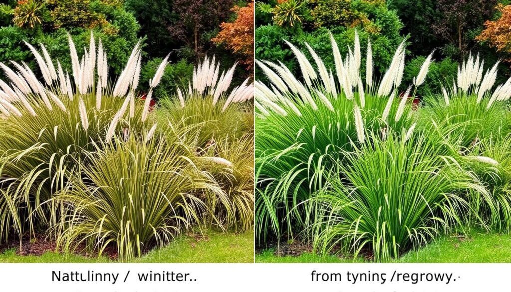 Porównanie traw ozdobnych przycinanych jesienią i wiosną Porównanie traw ozdobnych przycinanych jesienią i wiosną