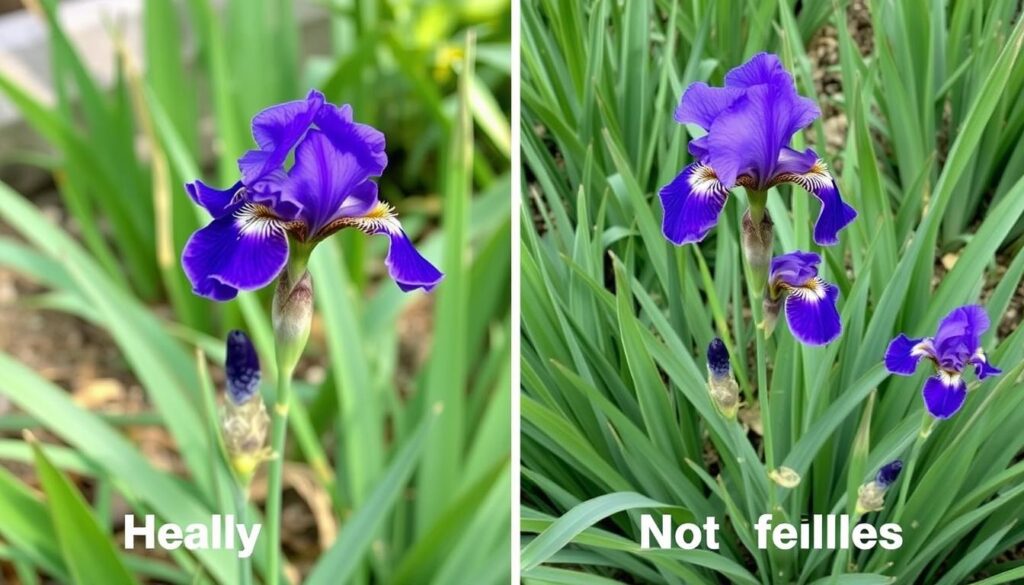Porównanie zdrowego irysa syberyjskiego z rośliną, która nie kwitnie
