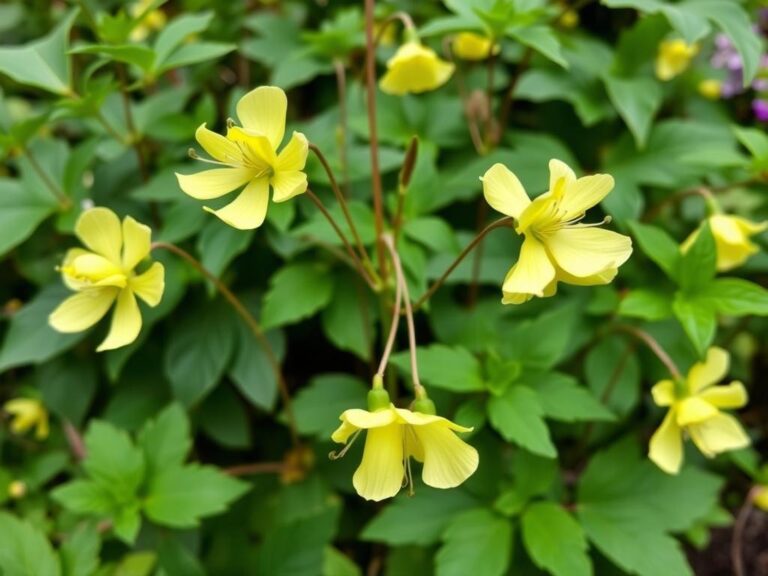 Powojnik Bill Mackenzie z intensywnie żółtymi, dzwonkowatymi kwiatami