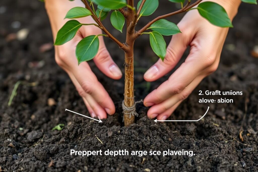 Prawidłowa głębokość sadzenia drzewka czereśni z widocznym miejscem szczepienia - sadzenie drzewek owocowych