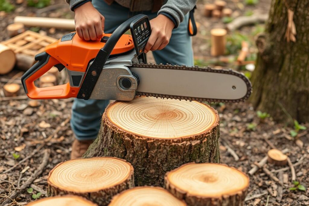 Proces cięcia pnia drzewa na plastry drewniane