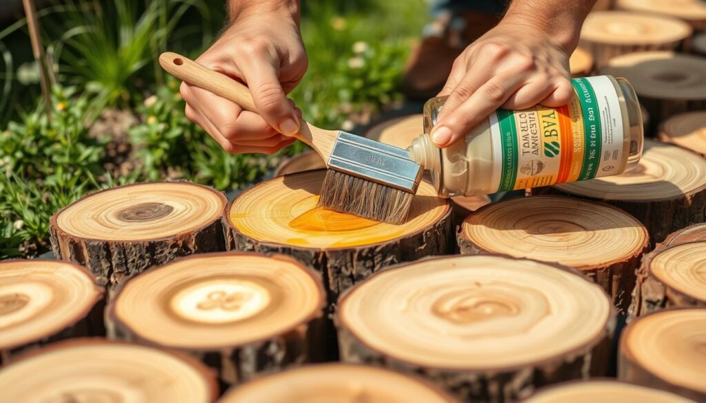 Proces impregnacji plastrów drewna do ścieżki ogrodowej