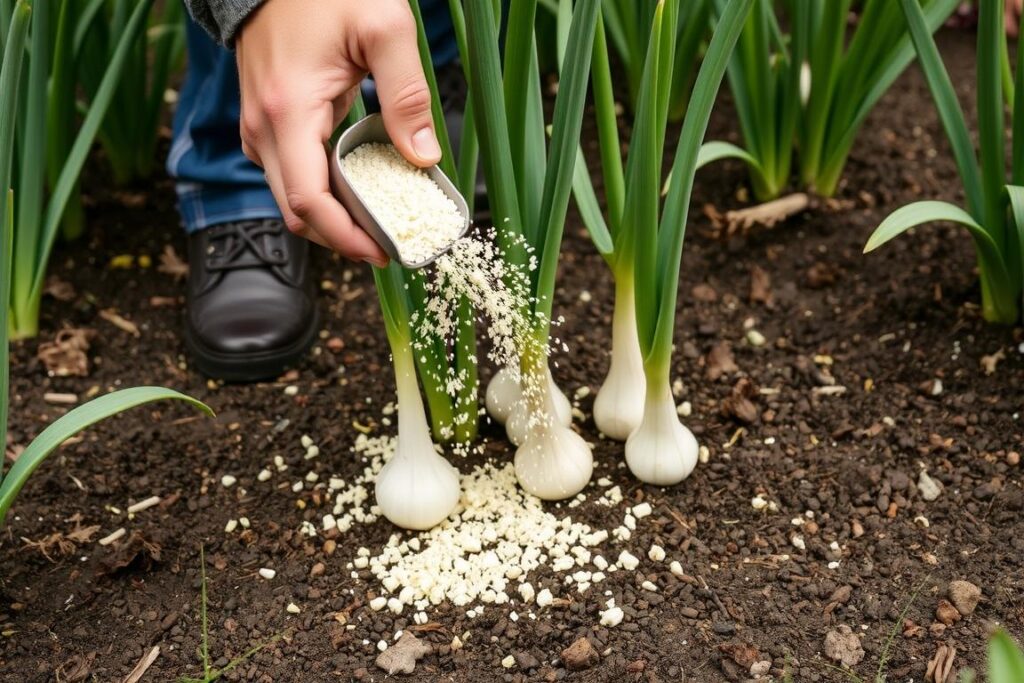 Proces nawożenia czosnku ozdobnego wiosną odpowiednim nawozem do roślin kwitnących