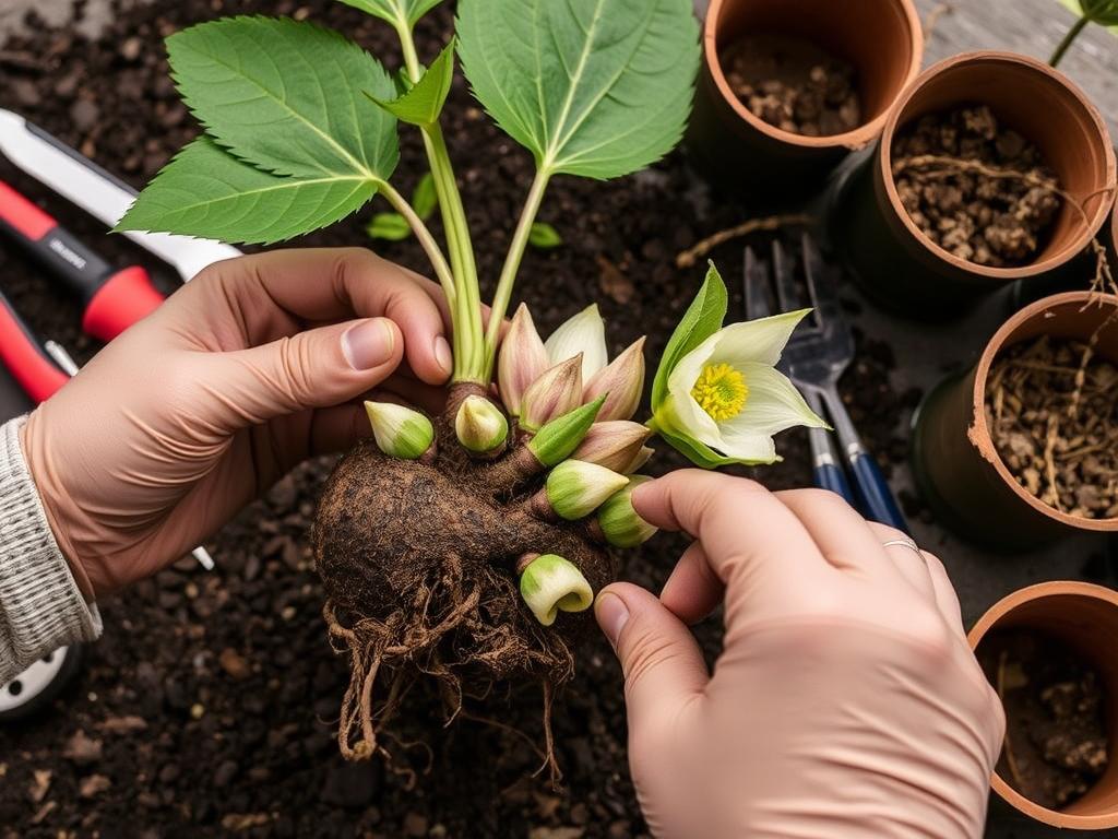 Proces podziału kępy ciemiernika na mniejsze części do rozmnażania Proces podziału kępy ciemiernika na mniejsze części do rozmnażania