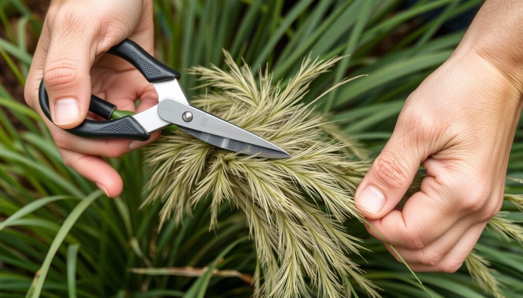 Proces przycinania trawy ostnicy - ręce z sekatorem przycinające kępę ostnicy Proces przycinania trawy ostnicy - ręce z sekatorem przycinające kępę ostnicy