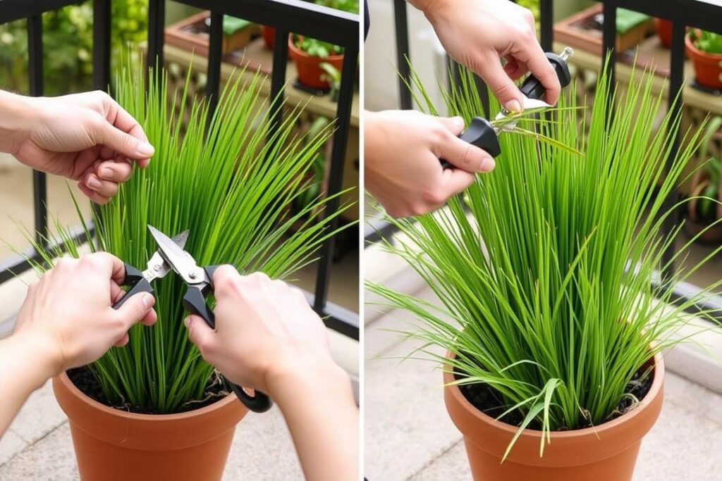 Proces przycinania trawy ozdobnej w donicy Proces przycinania trawy ozdobnej w donicy