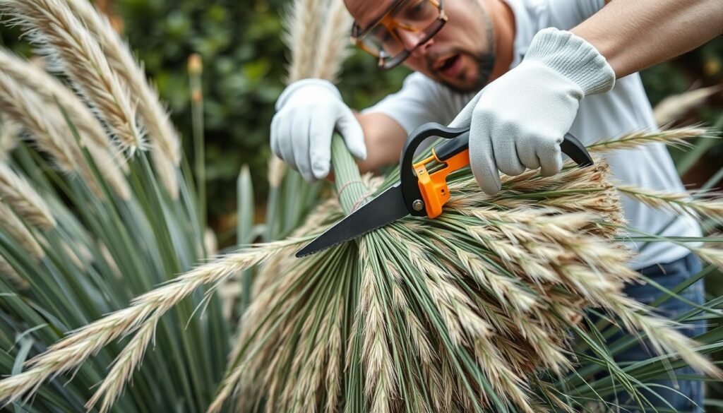 Proces przycinania trawy pampasowej z użyciem odpowiednich zabezpieczeń Proces przycinania trawy pampasowej z użyciem odpowiednich zabezpieczeń