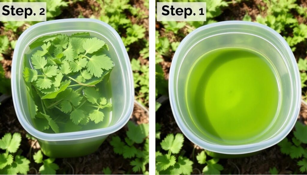 Proces przygotowania gnojówki z pokrzywy - pokrzywy zalane wodą w plastikowym pojemniku Proces przygotowania gnojówki z pokrzywy - pokrzywy zalane wodą w plastikowym pojemniku