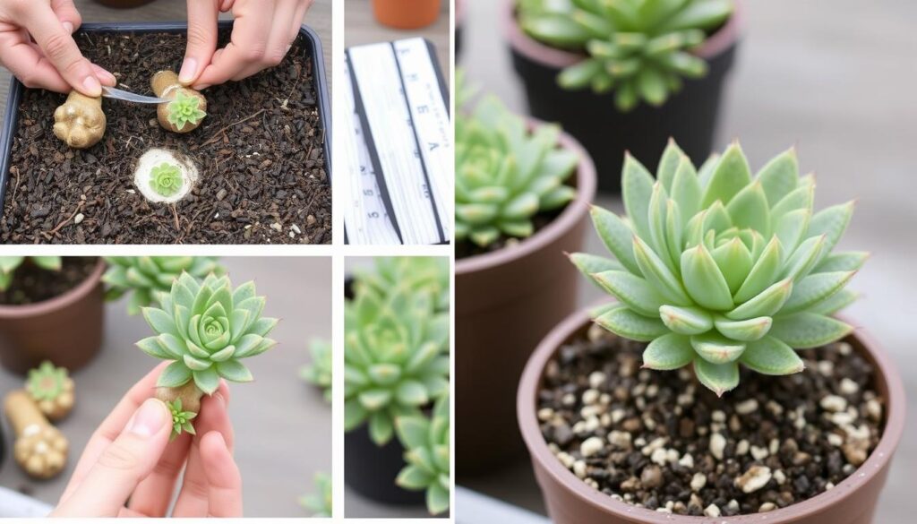 Proces rozmnażania rojnika kaukaskiego przez oddzielanie rozet potomnych Proces rozmnażania rojnika kaukaskiego przez oddzielanie rozet potomnych