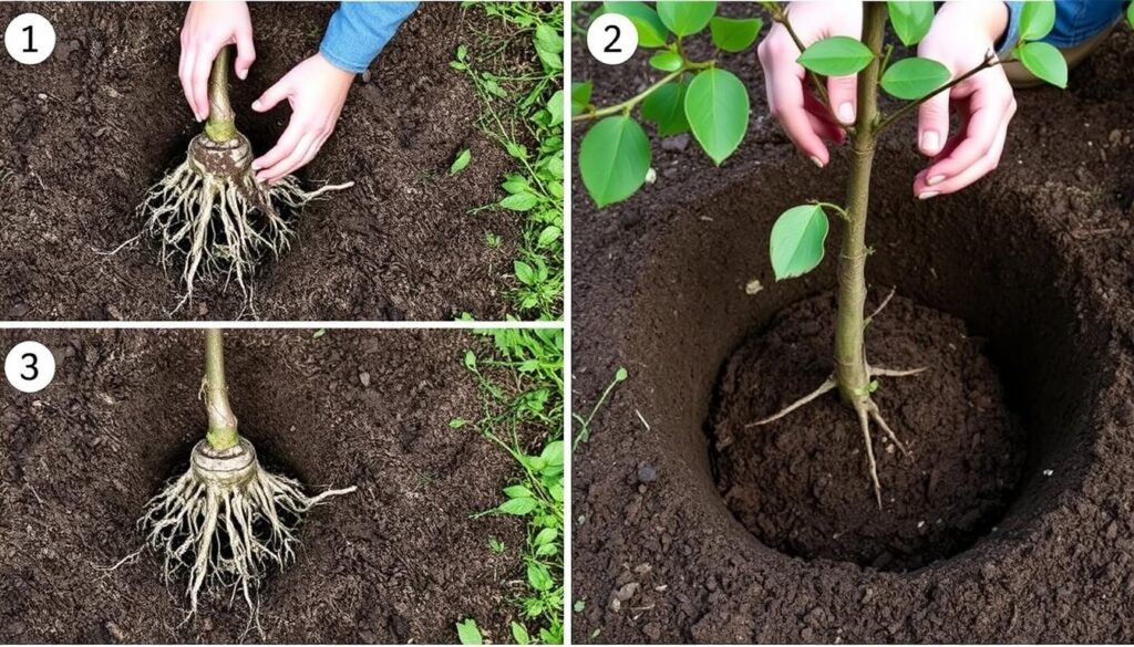 Proces sadzenia drzewka czereśni z widocznym systemem korzeniowym - sadzenie drzewek owocowych