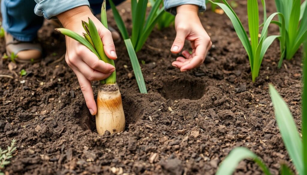 Proces sadzenia irysa syberyjskiego pokazujący przygotowany dołek i kłącze gotowe do umieszczenia w ziemi