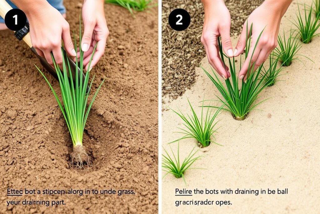 Proces sadzenia ostnicy w ogrodzie - przygotowanie dołka i umieszczenie rośliny Proces sadzenia ostnicy w ogrodzie - przygotowanie dołka i umieszczenie rośliny