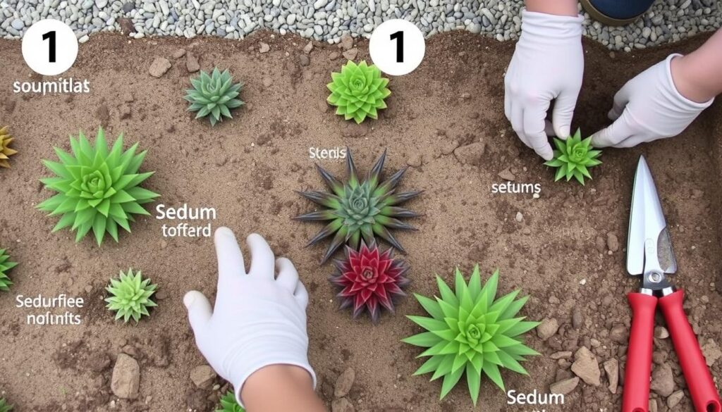 Proces sadzenia rozchodników na rabacie ogrodowej Proces sadzenia rozchodników na rabacie ogrodowej