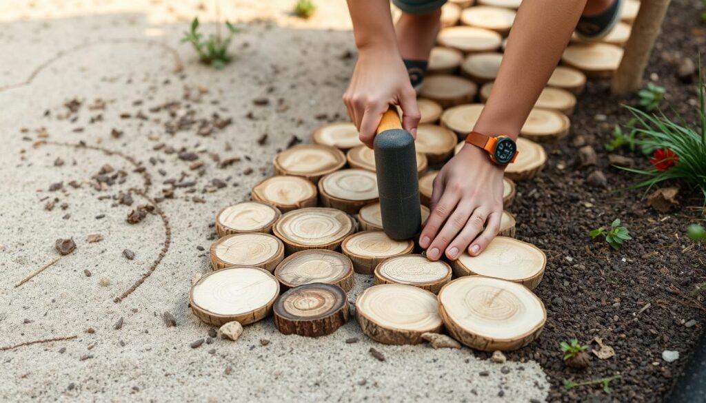 Proces układania plastrów drewna na ścieżce ogrodowej